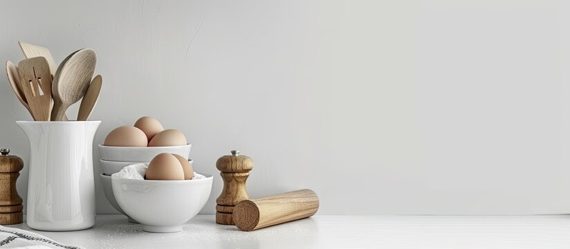 Kitchen background for mockup with eggs, rolling pin, bowls for cooking and baking utensils on the table on white background. Blank space for a text, home kitchen decor concept, front view.