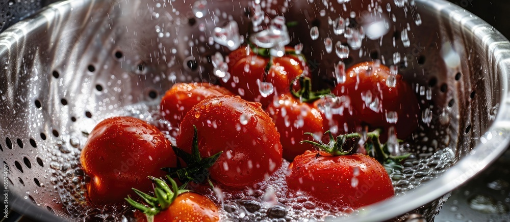 Aufkleber Closeup of tomatoes in colander under running water in sink. with copy space image. Place for adding text or design