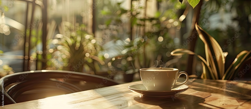 Poster coffee cup or coffee maker on the table , beautiful cafe . with copy space image. Place for adding text or design