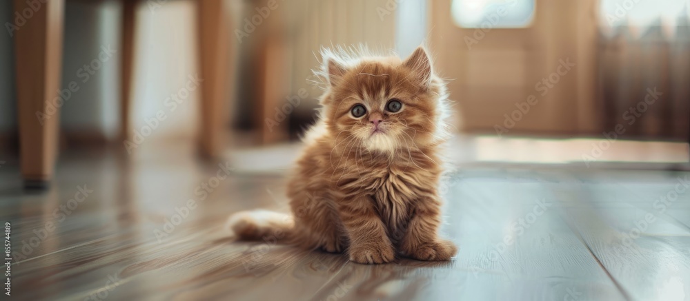 Poster The golden brown Persian kitten sat on the floor of the house. It was cute and curious and looking at the camera. pastel background. with copy space image. Place for adding text or design