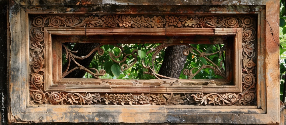 Aufkleber Carving wooden window with the tree background. with copy space image. Place for adding text or design