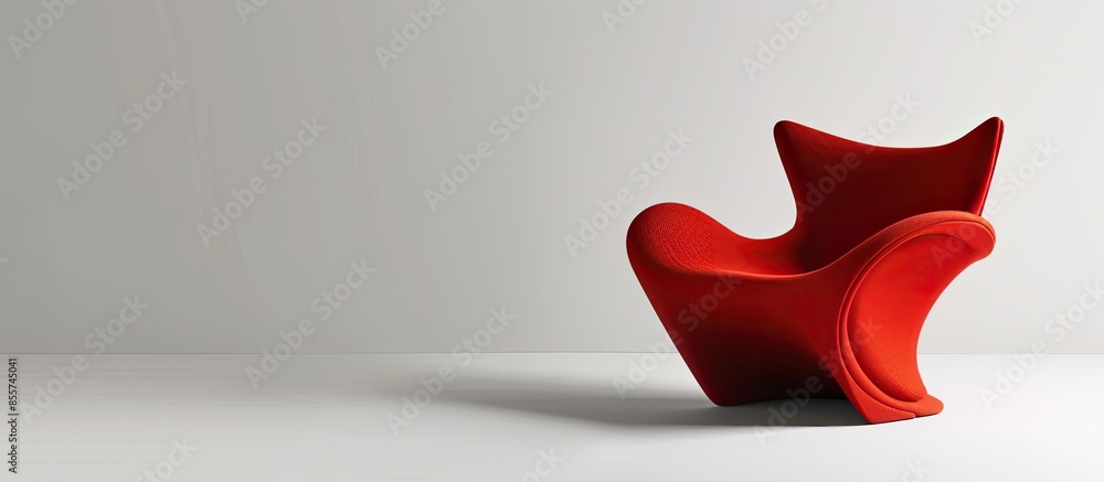 Poster Modern graceful red armchair made from soft plastic and wood. Side view. with copy space image. Place for adding text or design