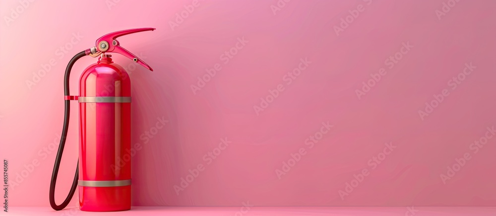 Poster fire extinguisher with hose isolated on the pastel background. with copy space image. Place for adding text or design