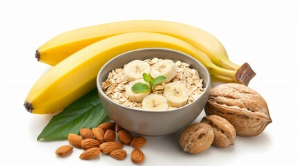 A bowl of oatmeal with banana, almonds and walnuts, a healthy and delicious breakfast.