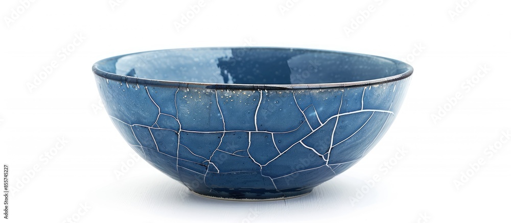 Aufkleber Ceramic bowl with cracked pattern, Blue bowl isolated on white background with clipping path, Side view. with copy space image. Place for adding text or design