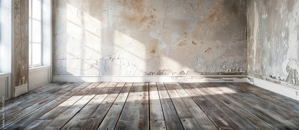 Poster Empty room with old wood floor and rough plaster walls. with copy space image. Place for adding text or design
