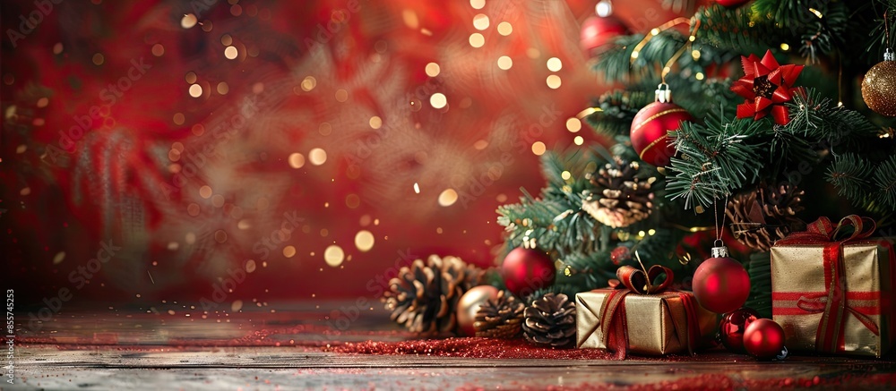 Poster christmas or new year still life with gift boxes and baubles below christmas tree on a wooden table.