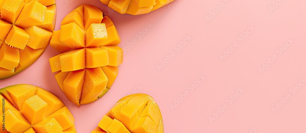 Wall mural forur mango slices isolated on pastel background, with clipping path. with copy space image. place f