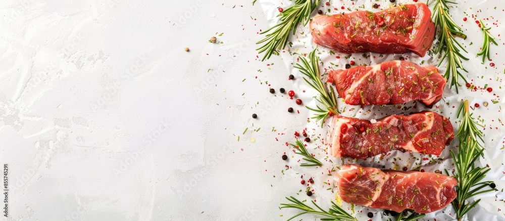 Fototapete raw meat with spices and rosemary for baking on foil pastel background. with copy space image. place