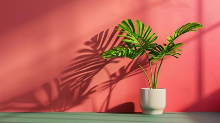 Obraz premium Green plant in white pot against a red wall with sunlight streaming through the window