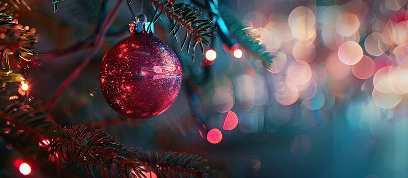 Red and silver ball ball in Christmas tree with lights vDj" portrait. with copy space image. Place for adding text or design