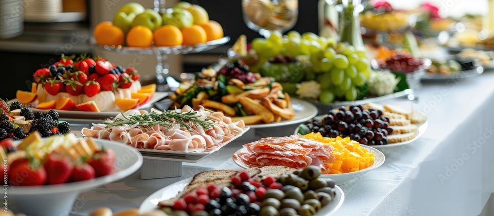 Poster delicacies and snacks on a buffet or banquet. catering. copy space image. place for adding text or d