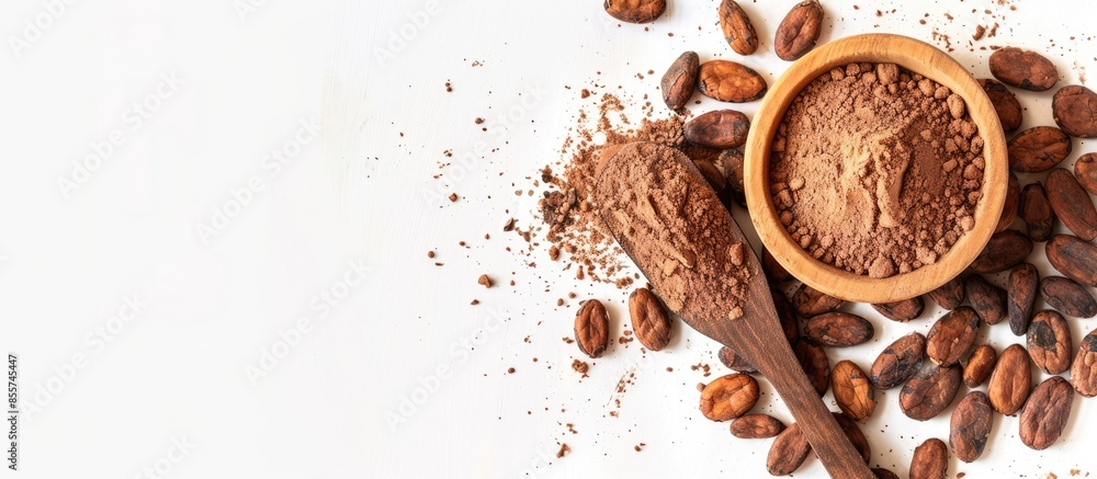 Fototapete Cocoa drink and cocoa powder with cacao beans in wooden spoon isolated on white background. Top view. Flat lay. Copy space image. Place for adding text or design