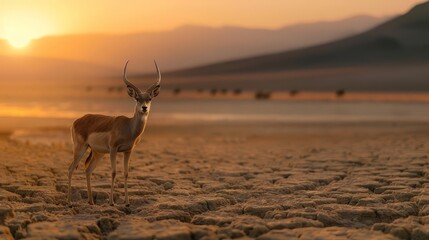 A single springbok stands in a dry, cracked earth landscape at sunset.