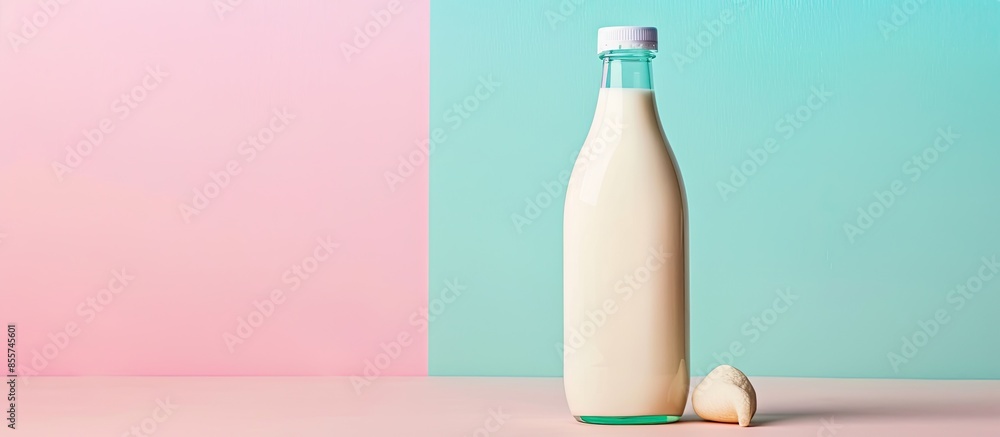 Poster plastic milk bottle on pastel background. protein package. with copy space image. place for adding t