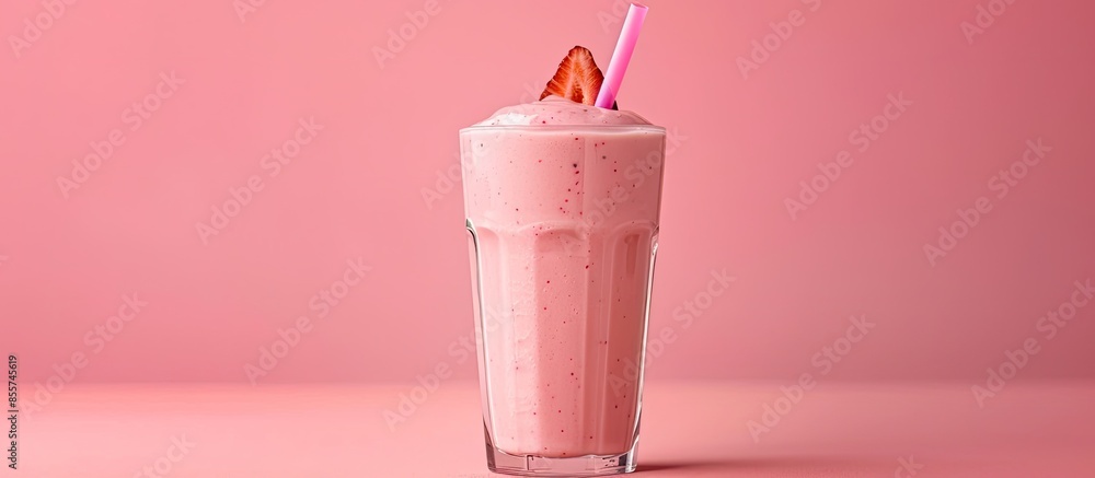 Poster Tasty organic smoothie in glass isolated on pastel background. with copy space image. Place for adding text or design