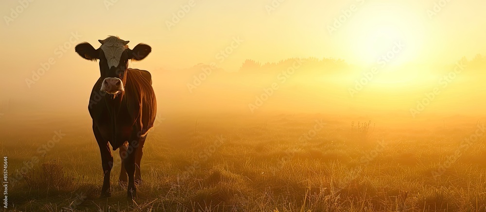Poster farm cow on sunrise. with copy space image. place for adding text or design
