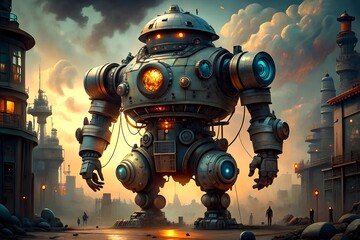 big robot with ai technology in war zone