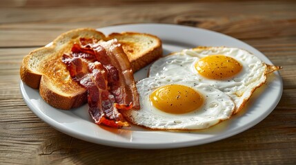 Classic breakfast of two fried eggs, bacon and toast on a white plate.
