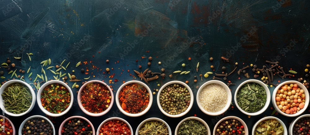 Leinwandbilder spice background, top view. seasoning in cups. copy space image. place for adding text or design