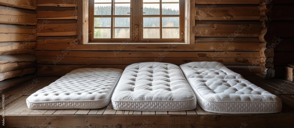 Aufkleber three mattresses in the bedroom at an old wooden house. with copy space image. place for adding text