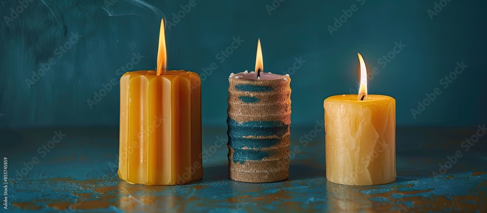 Aufkleber Burning wax candles of different shapes on table. with copy space image. Place for adding text or design