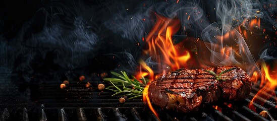 Grilled meat steak on stainless grill depot with flames on dark background. Food and cuisine concept. Copy space image. Place for adding text or design