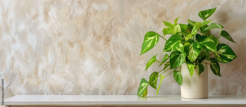 Poster pothos indoor house plant on a boho style dresser. with copy space image. place for adding text or d