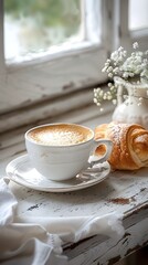 Fototapeta premium Cozy Morning Coffee Moment with Delectable Pastry by Window