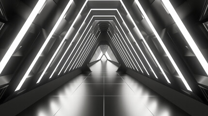 A 3D rendered image of a futuristic monochrome corridor with dynamic lighting