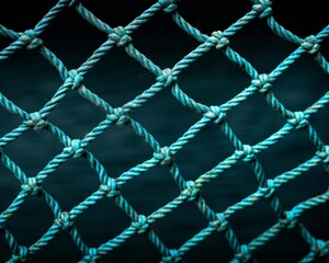 Close-up image of a turquoise rope net against a dark blue background, with knotted intersections forming a diamond pattern.
