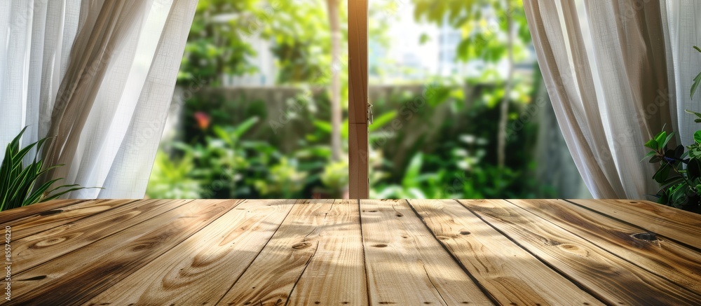 Aufkleber Empty wood table top with blur white curtain window and green garden background for product display template. with copy space image. Place for adding text or design