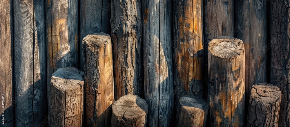 Poster natural architectural texture of weathered round wooden poles exposed to sunlight. with copy space i