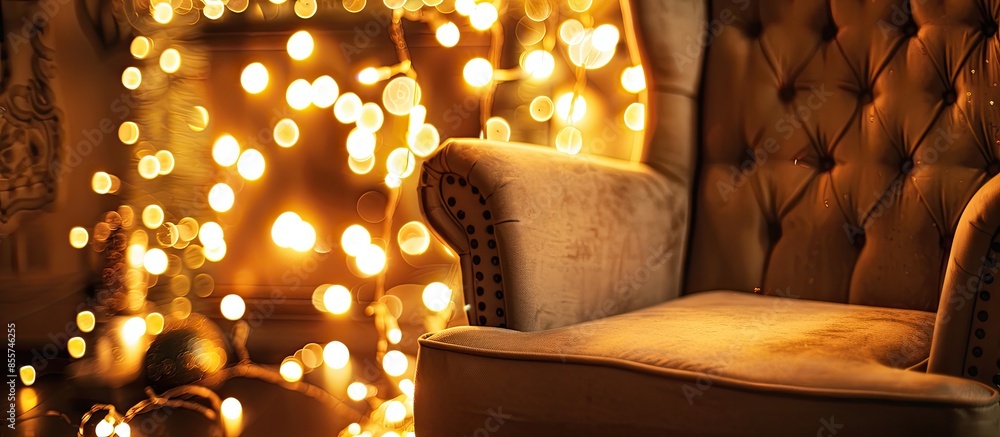 Aufkleber sparkling gold christmas garland with lights on the arm chair. with copy space image. place for addi