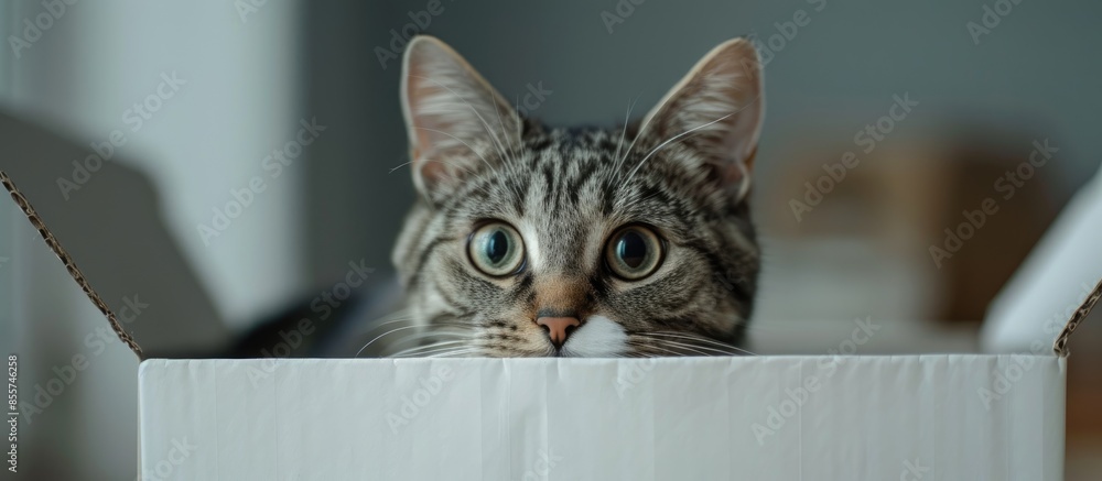 Poster cat in the white box. with copy space image. Place for adding text or design