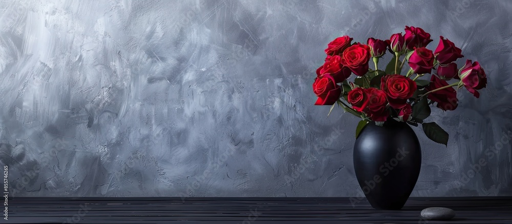 Poster bouquet of crimson spray roses in black vase and pebble on black wooden table against grey wall. wit