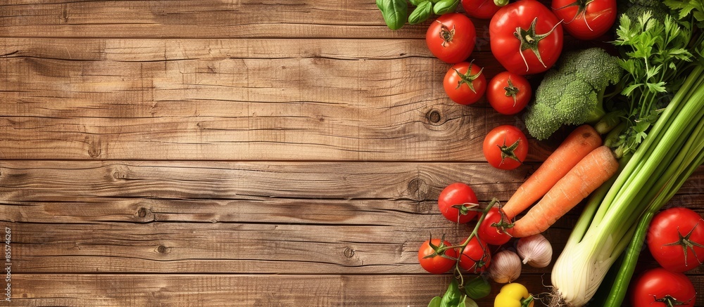 Aufkleber fresh ripe vegetables on wooden background. with copy space image. place for adding text or design