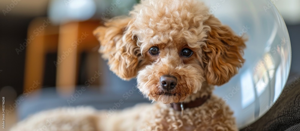 Poster sad poodle dog wearing protective cone collar on her neck. with copy space image. place for adding t