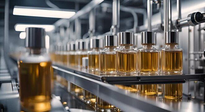 Perfume oil packaging on conveyor line. Conveyor system perfume manufacturing