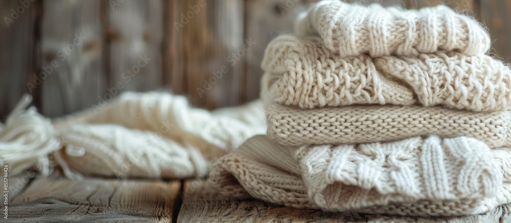 Poster knitwear closeup, stack of white sweaters on old rustic background, pastel colors. with copy space i