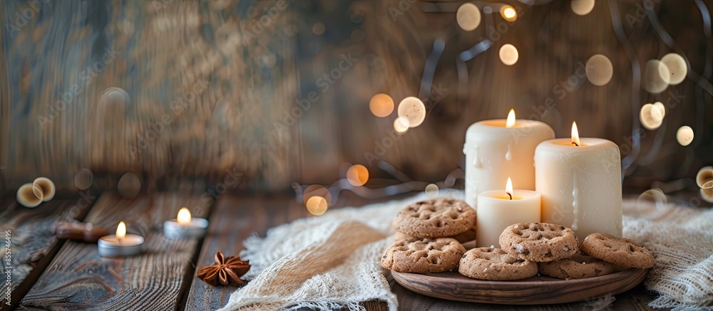 Poster Holders with burning candles and cookies on fabric background. with copy space image. Place for adding text or design
