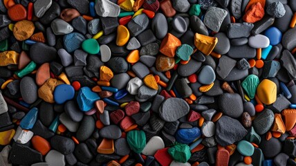 A colorful assortment of pebbles and stones, creating a vibrant and textured background.
