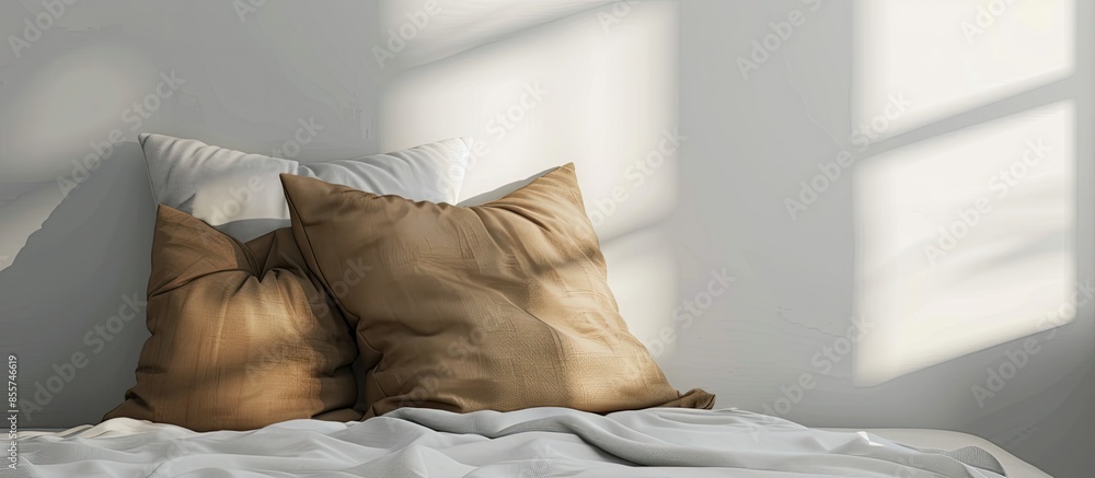 Poster Modern pillow on a the bed. with copy space image. Place for adding text or design
