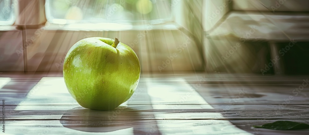 Aufkleber green apple on wooden table in the living room. with copy space image. place for adding text or desi