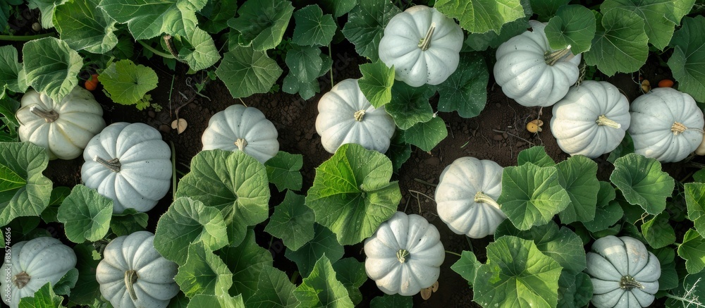 Poster high angle white pumpkins plants. with copy space image. place for adding text or design