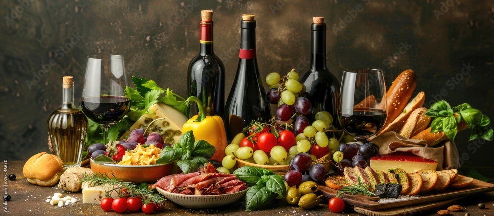 Leinwandbilder Still life with various types of Italian food and wine. Copy space image. Place for adding text or design