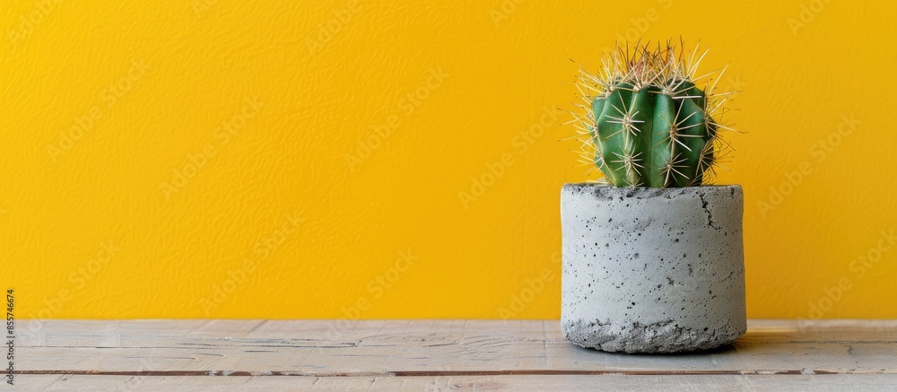 Poster a small cactus in cement pot on wooden and yellow background. with copy space image. place for addin