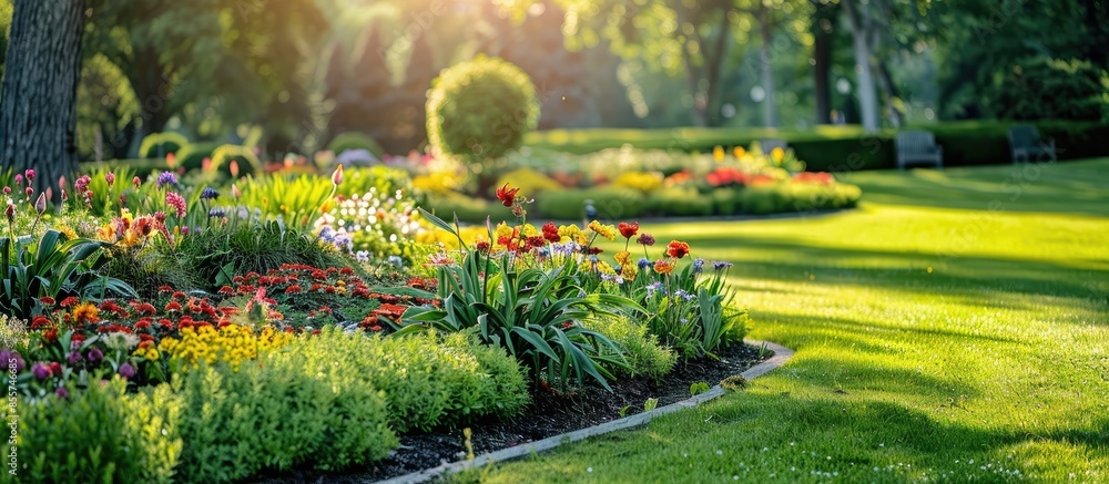 Fototapete The park has flower beds with various flowering plants and shrubs. Landscaping. with copy space image. Place for adding text or design