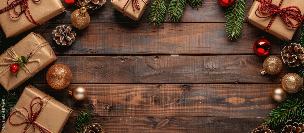 Poster fabric wrapped gifts and wooden christmas decorations. with copy space image. place for adding text 