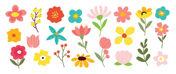 Collection of spring colorful flower elements vector. Set floral of wildflower, leaf branch, foliage on white background. Hand drawn blossom illustration for decor, easter, sticker, clipart, print.